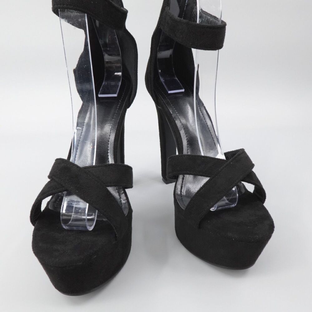 Black Chunky Platform Heels Faux Suede Ankle Strap Whimsigoth Retro Prom hoco - Picture 8 of 16